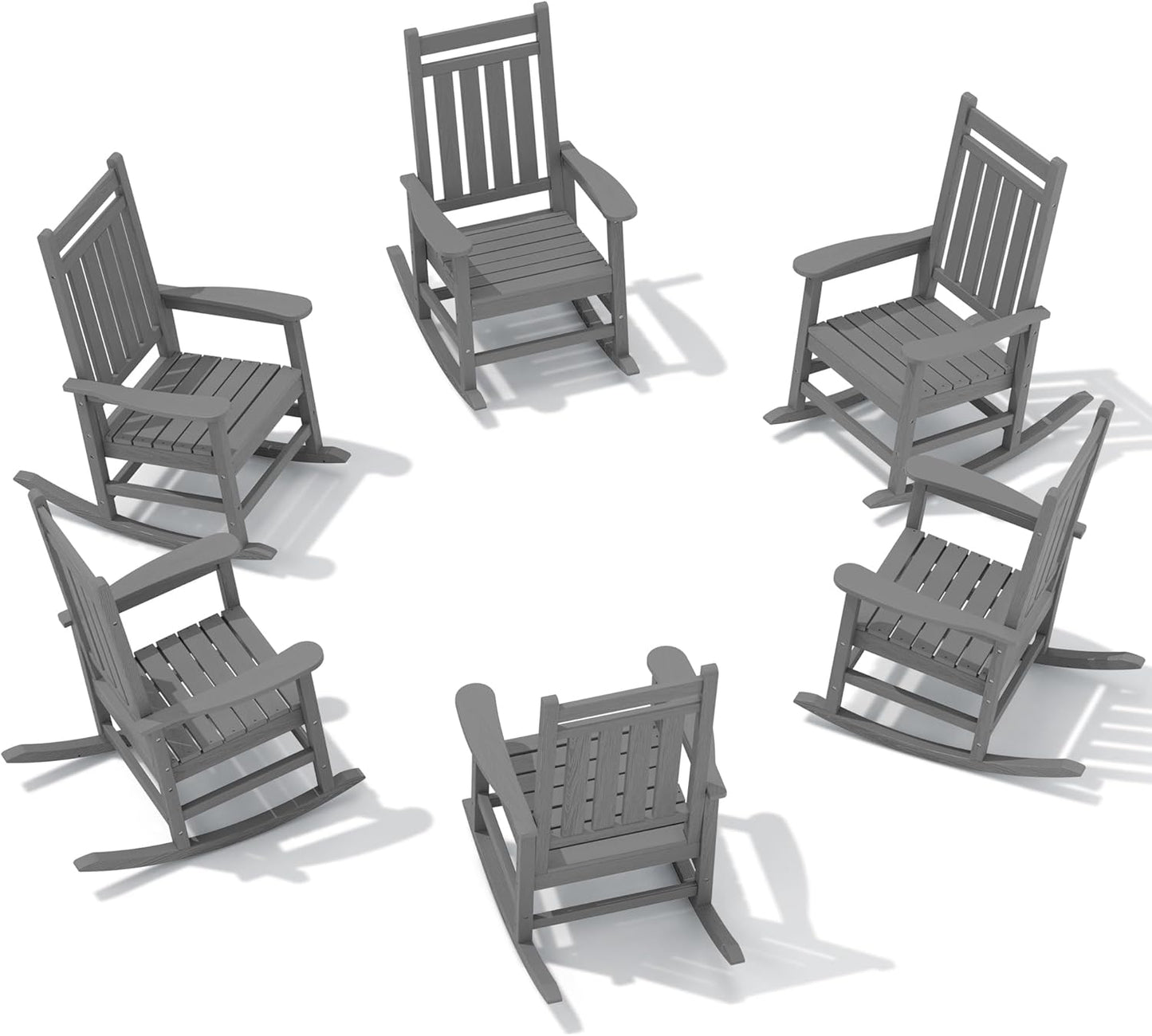 SERWALL HDPE Outdoor Rocking Chair Set of 6, Patio Rocking Chairs for Adults, All Weather Outdoor Rockers for Lawn, Grey