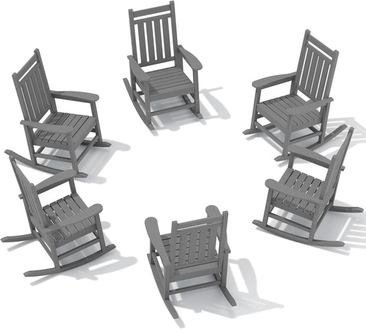 SERWALL HDPE Outdoor Rocking Chair Set of 6, Patio Rocking Chairs for Adults, All Weather Outdoor Rockers for Lawn, Grey