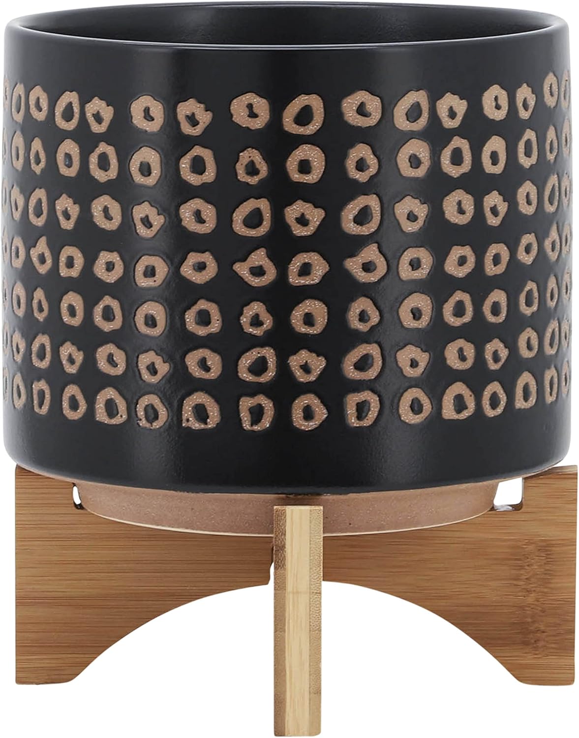 Ceramic Planter with Wooden Stand – Modern Home Decor Stoneware Plant Pot with Elevated Base – Decorative Indoor & Outdoor Planter with Legs for Living Room, Bedroom, Patio, or Garden – 9", Brown