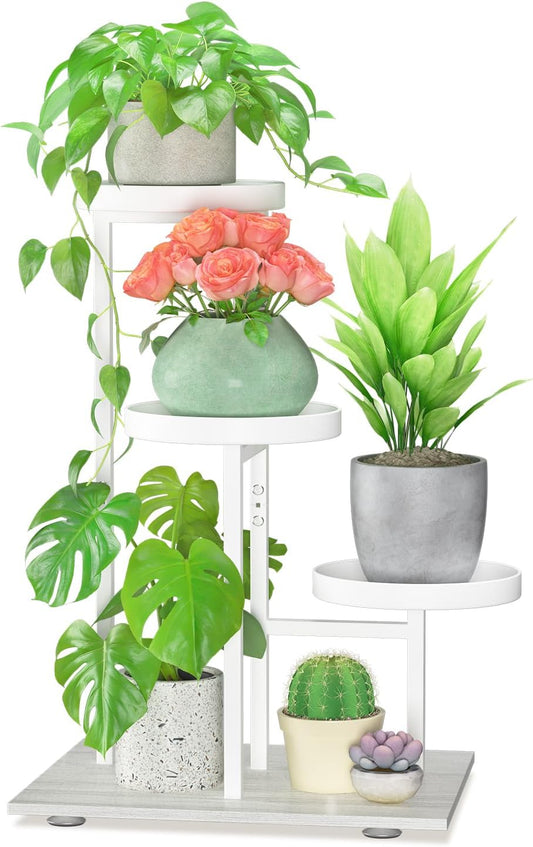 LASZOLA White 3 Tier Plant Stand Indoor Heavy Duty Rack for Modern House Planter, Metal and Wooden Vertical Organizer Decor Narrow Bathroom Floor, Sturdy Multi Level Flower Holder Raised, Cat Proof