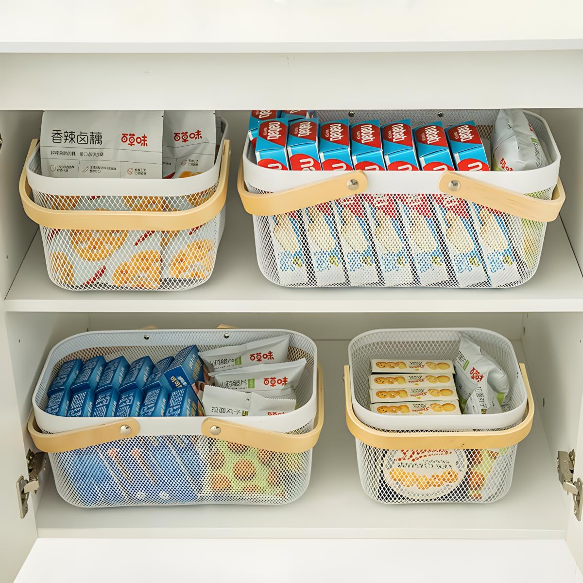 Portable Mesh Harvest Basket - Natural Bamboo Handle Foldable Organizer for Kitchen, Garden & Picnic | Ventilated Storage Bin with Rust-Proof Wire, Space-Saving Farmhouse Decor (White)