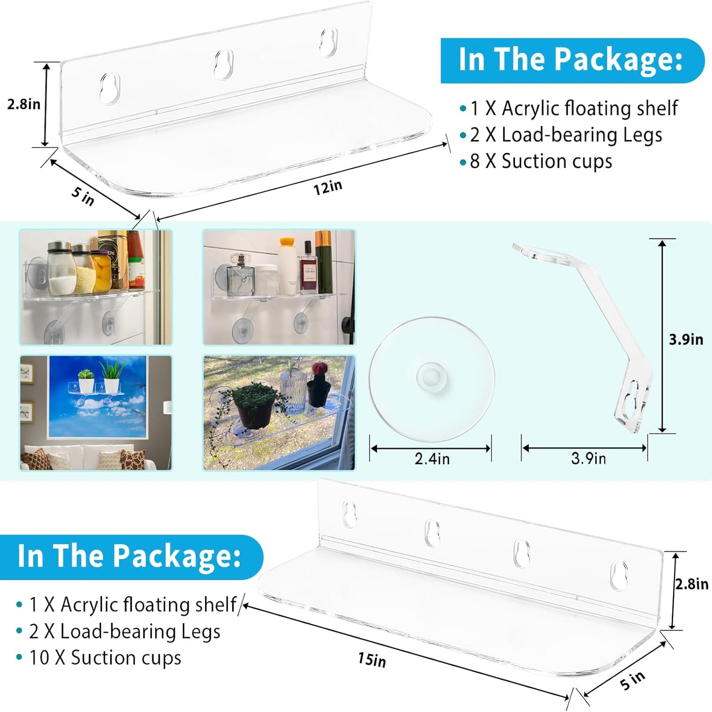 15-Inch Window Boxes Sill Planter Suction Cup Holder, 5-Inch Extra Wide Window Sill Extender, with Load Bearing Bracket for Herbs, Succulents, Clear Acrylic Indoor Plant Stand