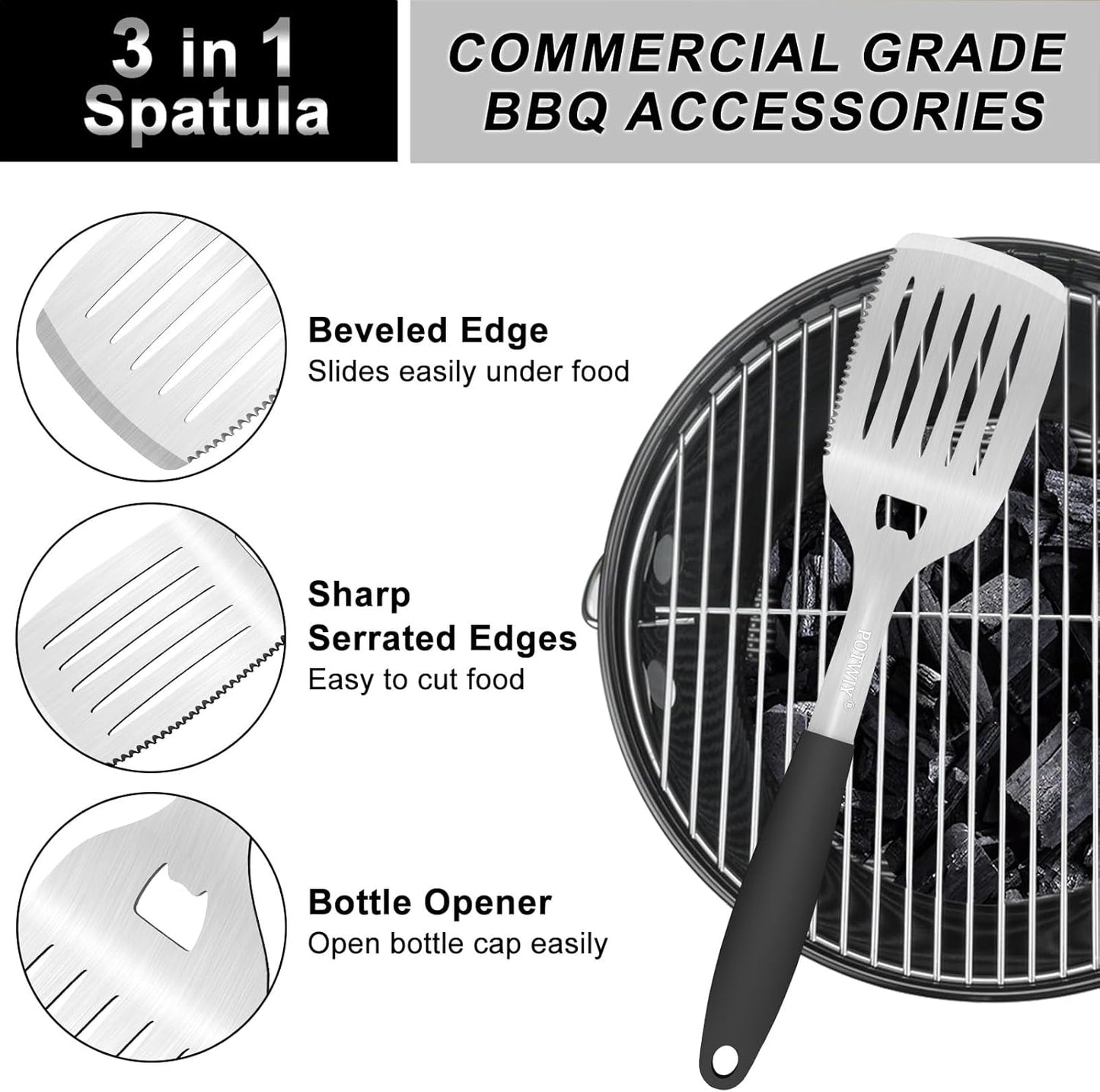 BBQ Grilling Accessories, 3Pcs Stainless Steel Grill Tools Accessories Set with Spatula, Fork and Tongs, Barbecue Utensils Grilling Tools for Outdoor Camping, Heat-Resistant Silicone Handle