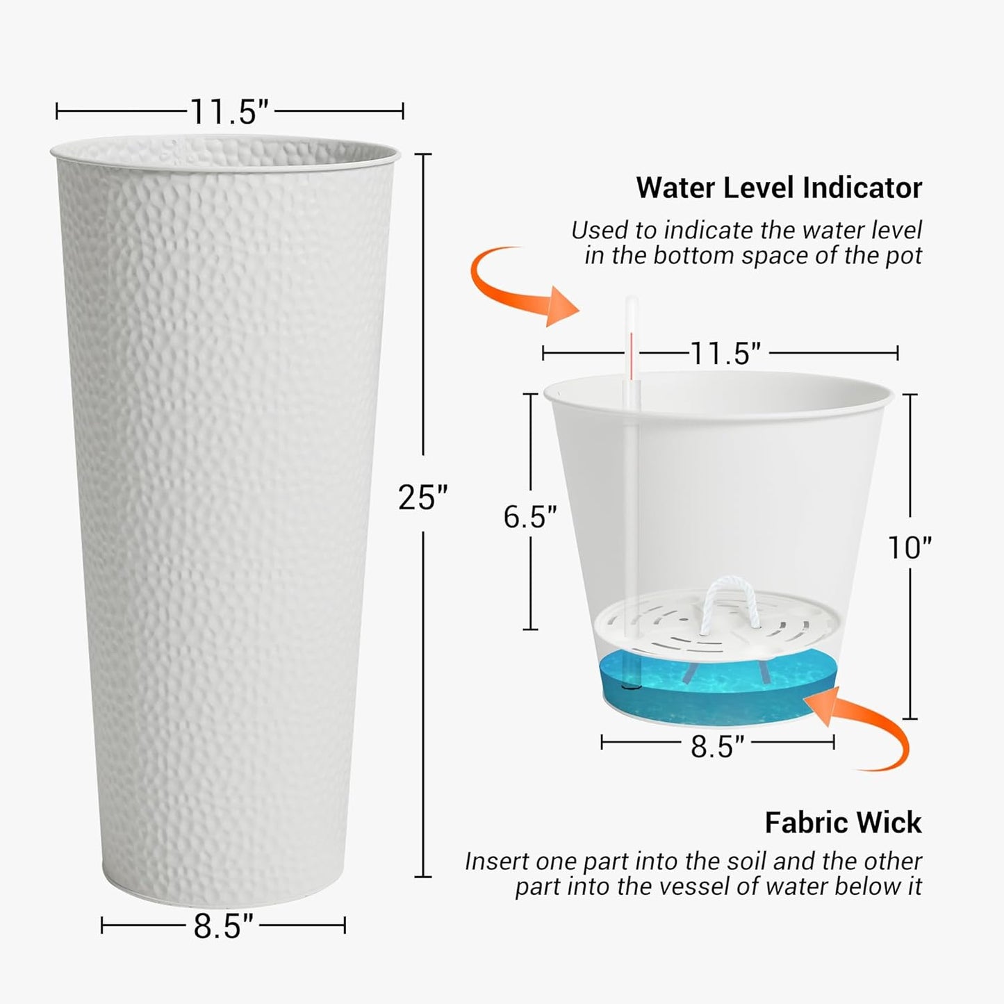 Worth Garden 2-Pack 25" H. Metal Planter with 2X Inside Pots - Hand-Hammered Texture Tall Tapered Plant Pots - Large Handcrafted Flower Pot for Indoor Outdoor, Deck, Patio, Front Porch (White)