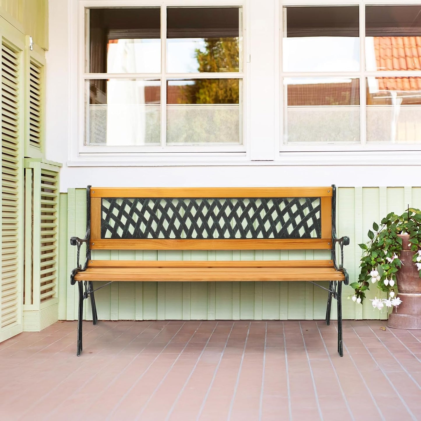 VINGLI Outdoor Bench Metal Garden Bench, Wood Patio Benches w/PVC Backrest Cast Iron Love Seat Park Benches for Porch Yard (Diamond)