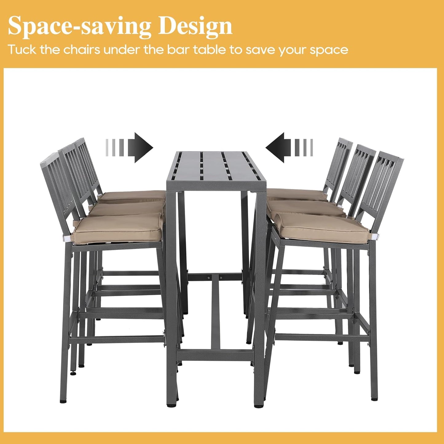 Outdoor Patio Bar Set, Bar Height Patio Dining Set, Weather-Resistant Bistro Counter Pub Set with Cushions & Slatted Tabletop for Backyard (Gray, 63" Table, 6 "I Style Stool)