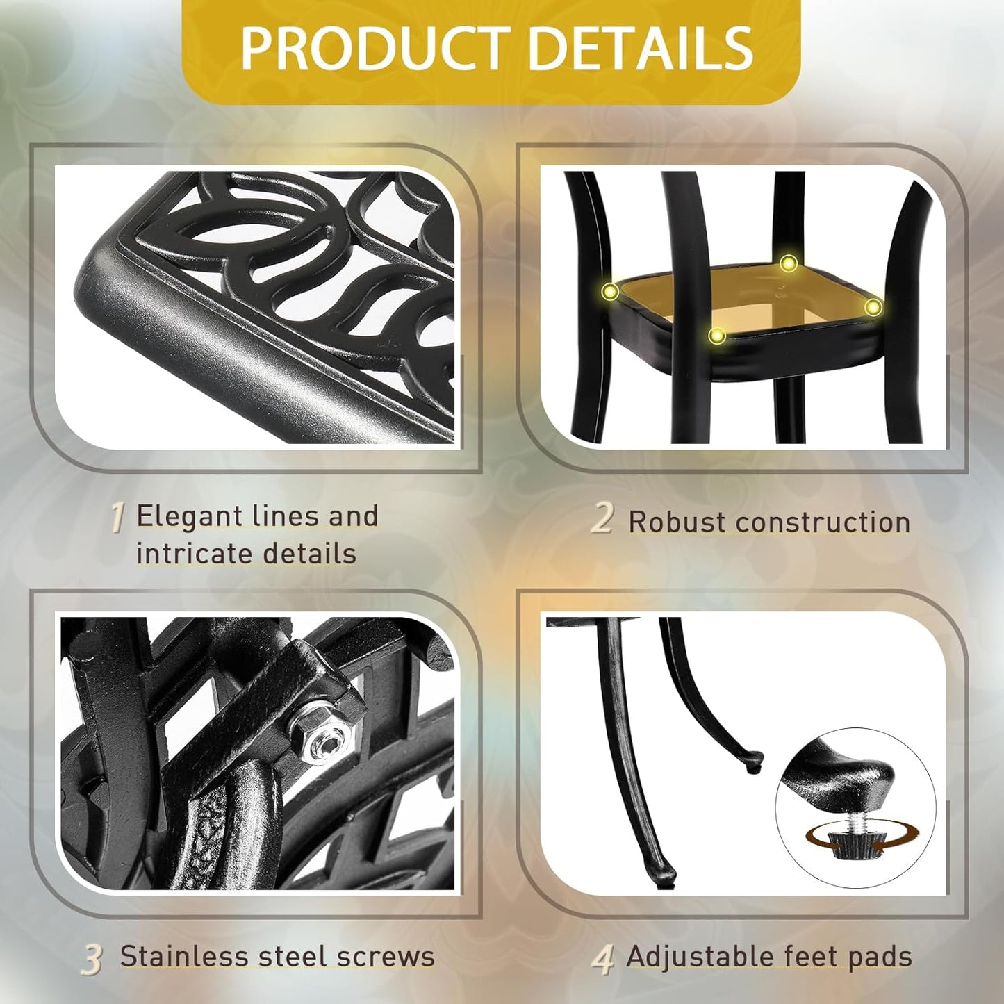 Outvita Patio Side Table, 21.3in Outdoor Square Cast Aluminum Bistro Table with Umbrella Hole and Antique Design for Backyard Porch Pool Balcony Deck Black