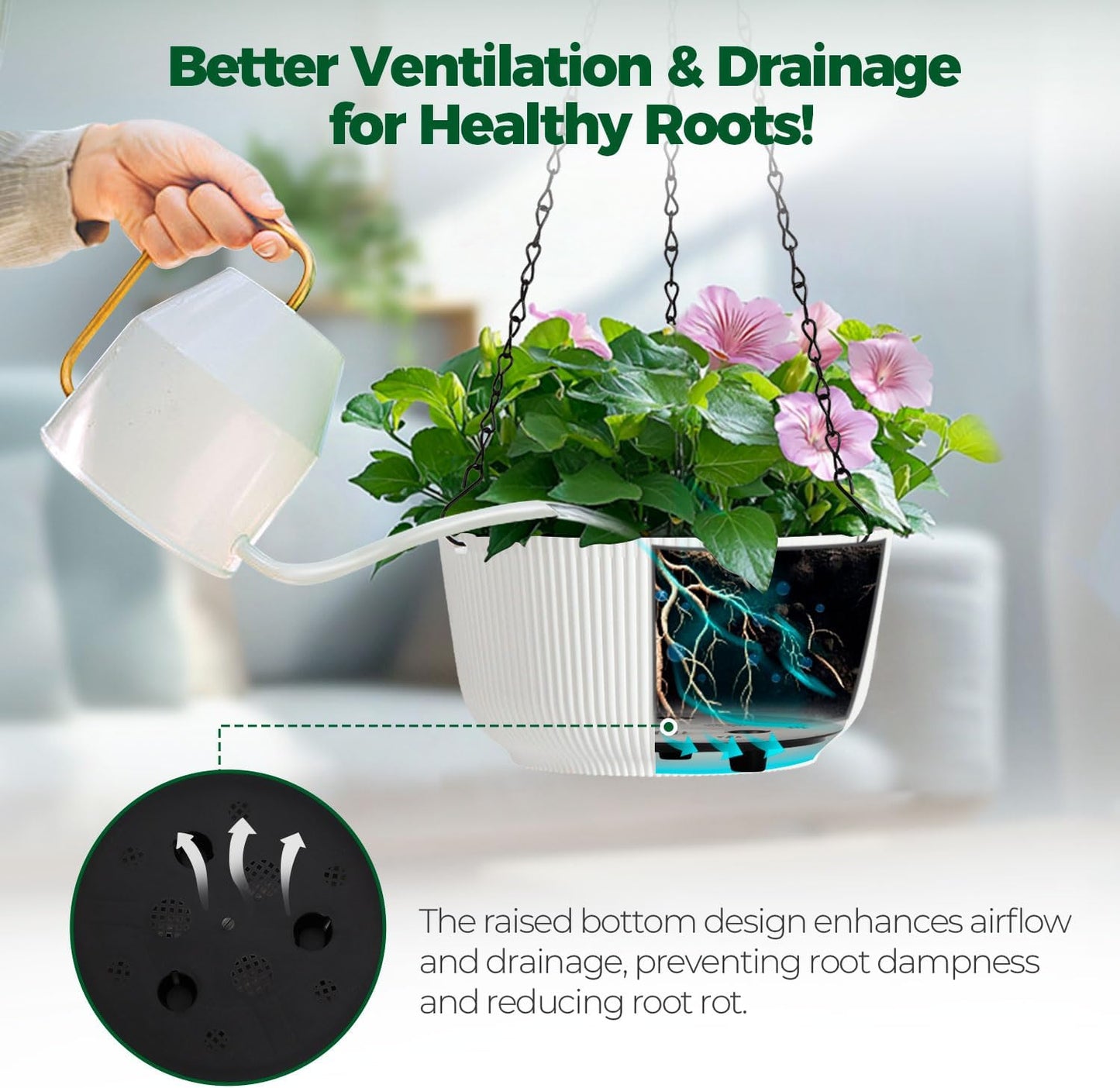 T4U Hanging Planter Self Watering 8 Inch, 2 Pack White Indoor Outdoor Hanging Plant pots, Hanging Flower Pot with Drainage Hole & Plug & Chain with 3 Hooks for Garden Home Decor