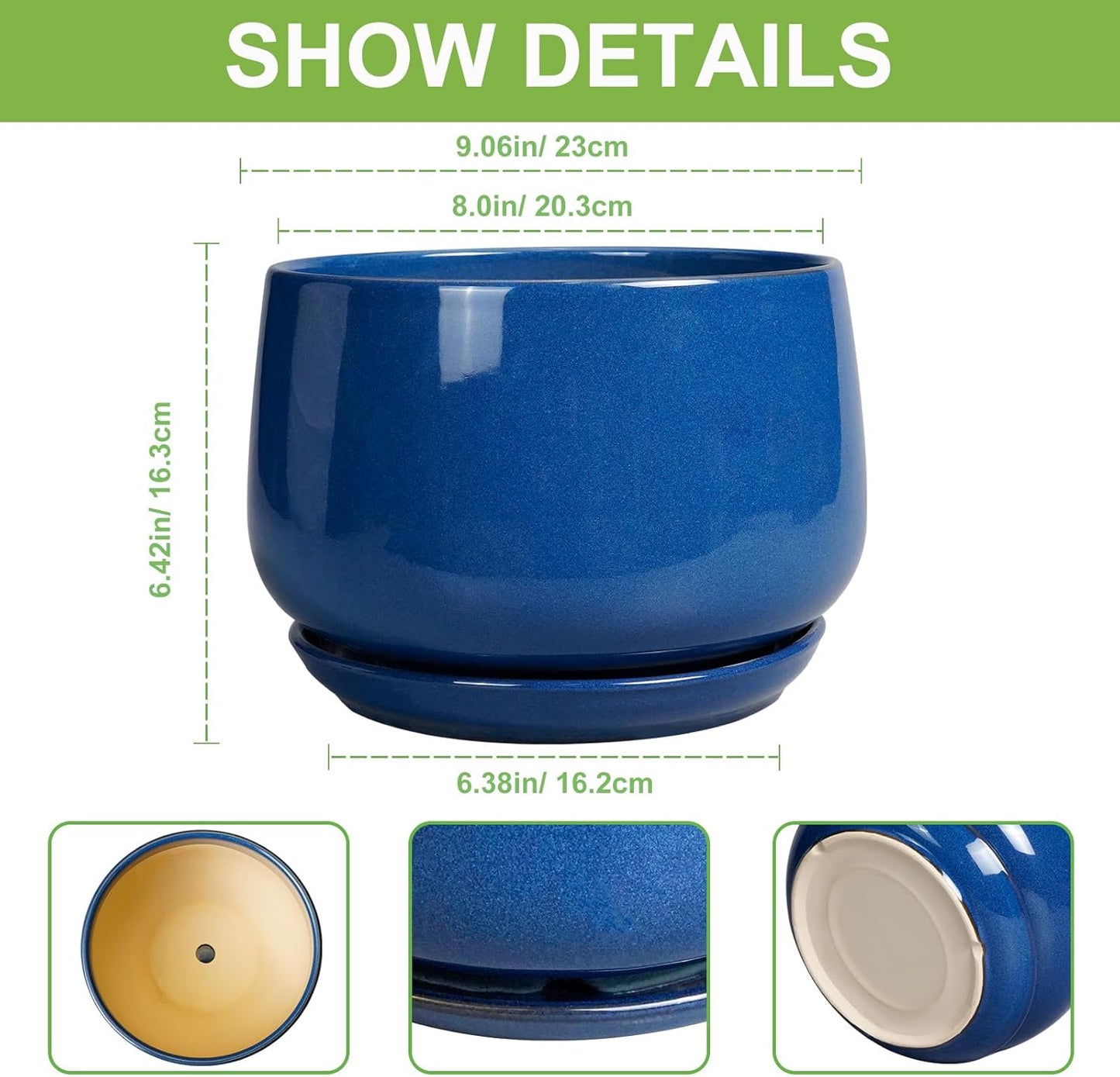 G EPGardening Ceramic Pots for Plants, 9 Inch Modern Round Planter with Drainage and Tray Indoor Outdoor for Flower, Patio Decor, Housewarming Gifts, Blue