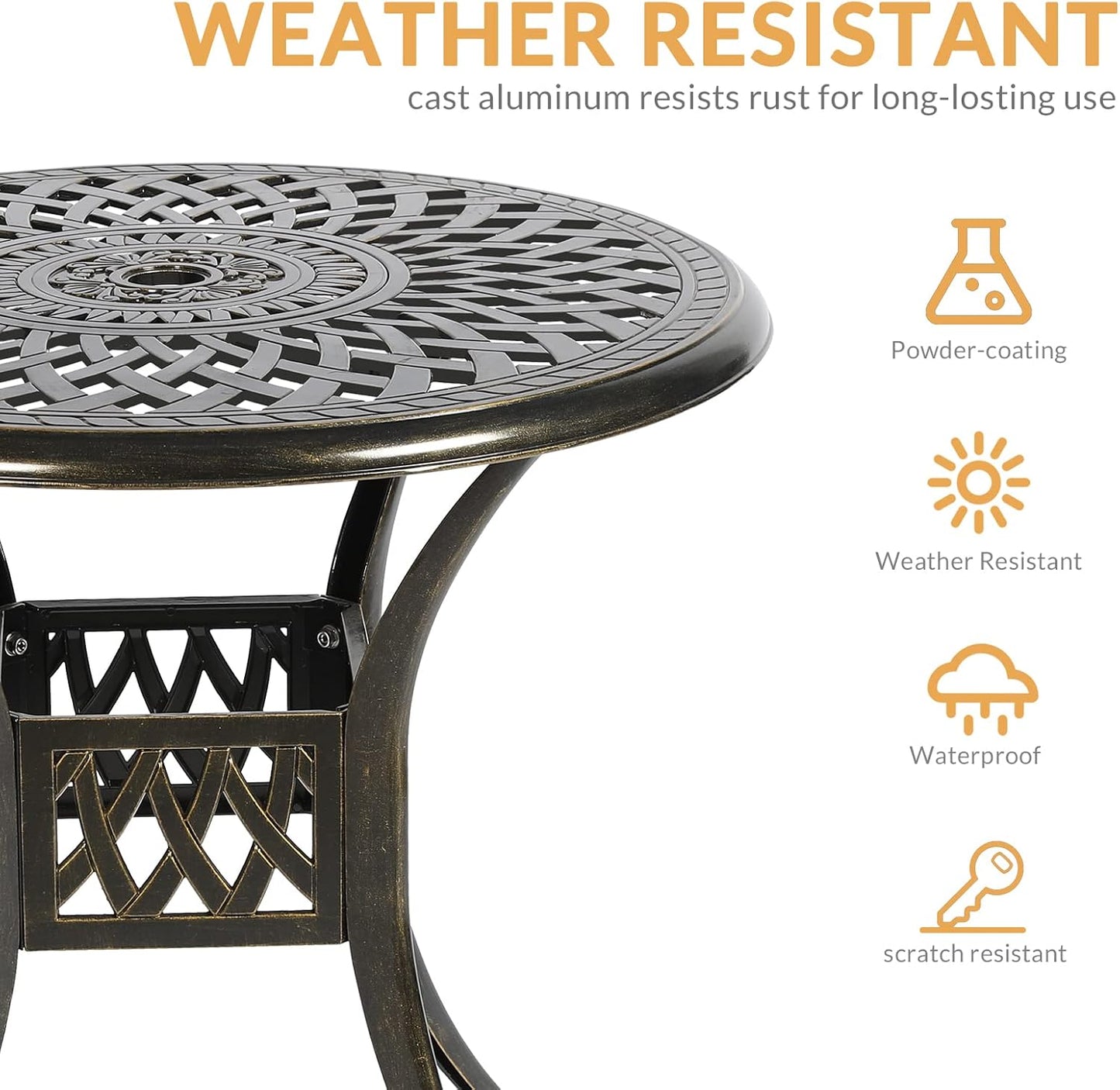 3-Piece Outdoor Patio Dining Set, All-Weather Cast Aluminum Patio Furniture Set for Backyard Garden Deck with 2 Chairs and 31” Round Table, 2" Umbrella Hole