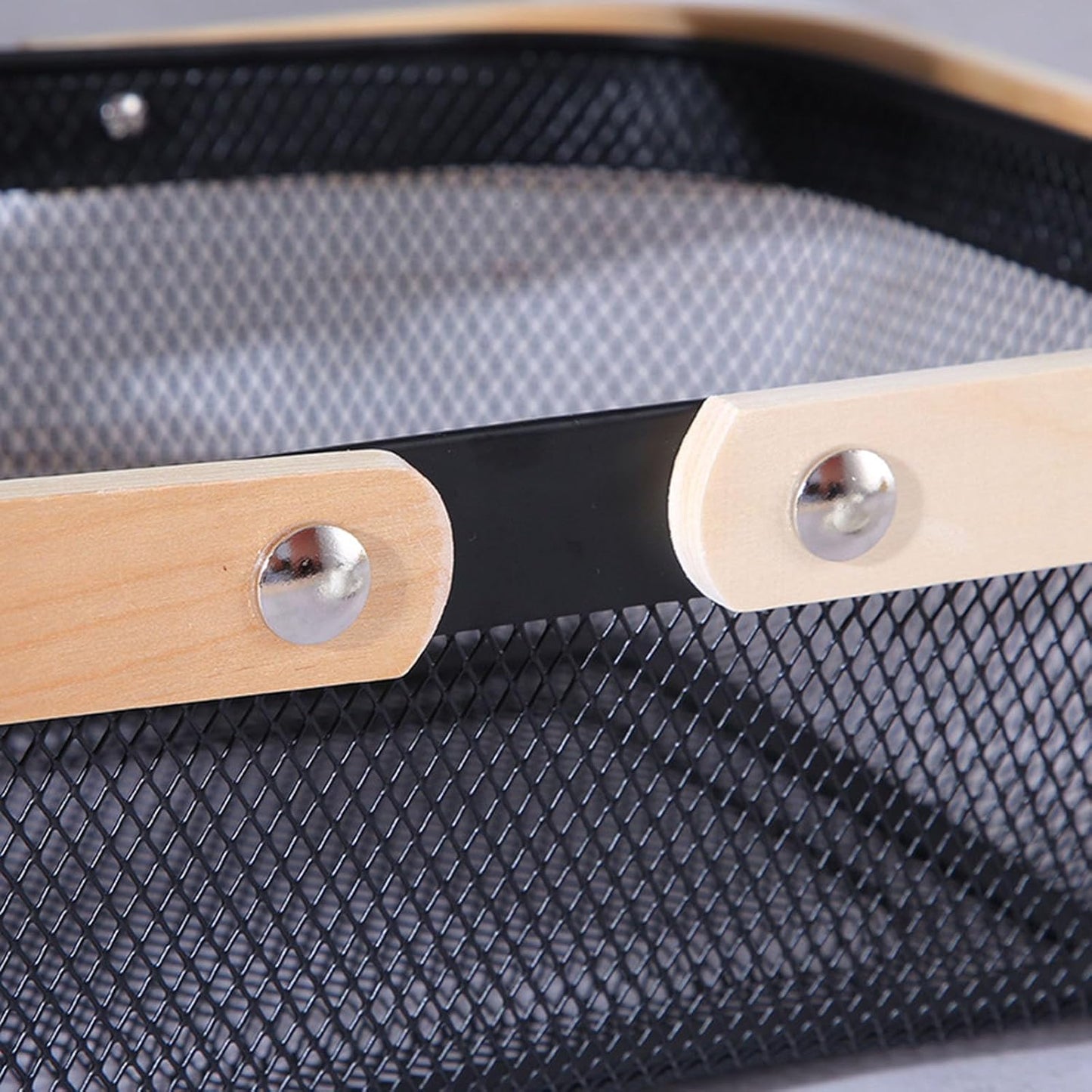 Metal Mesh Steel Basket, Storage Organizer Basket Garden Harvest Basket Multi-functional Kitchen Fruit Baskets Bin with Wooden Handle for Bathroom Picnic Shopping Decor Cabinet Home, Black