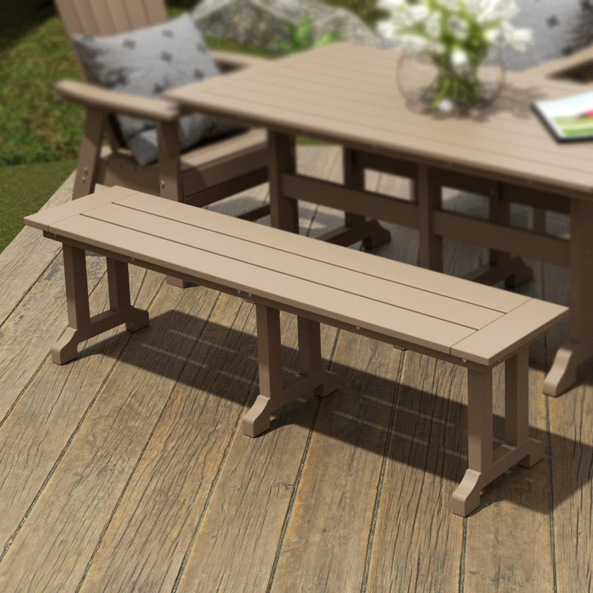 WestinTrends Malibu 65" Outdoor Dining Bench, All Weather Resistant Poly Lumber Patio Garden Bench Trestle Long Bench for Both Outdoor and Indoor, Weathered Wood