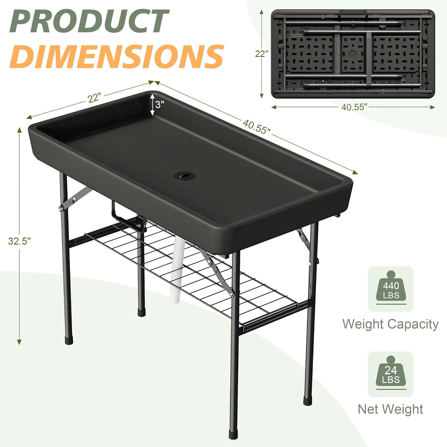 4 Foot Ice Cooler Table with Matching Skirt & Drain Hose, with Iron Stand, Portable Patio Outdoor Chilling Table Portable Bar for Events for Party, Picnic, BBQ, Camping (Black)