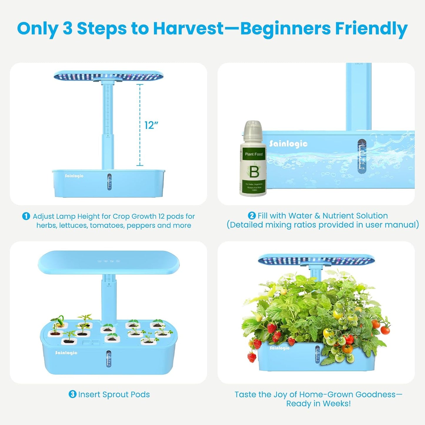 Sainlogic Hydroponics Growing System Kit, 12 Pods Watering Planter, Smart Indoor Garden with APP & WiFi Connected, 5 X Growth with 24W LED, Quiet Pump, for Vegetables, Herbs and Flowers