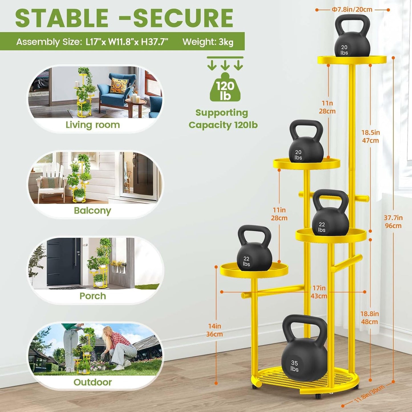 TOSKING 5 Tier Metal Plant Stand Indoor， Plant Shelf, Corner Shelf Flower Pot Stand for Outdoor Plant Stand for Living Room Balcony Garden Patio Bedroom (5Tier-37''-yellow)