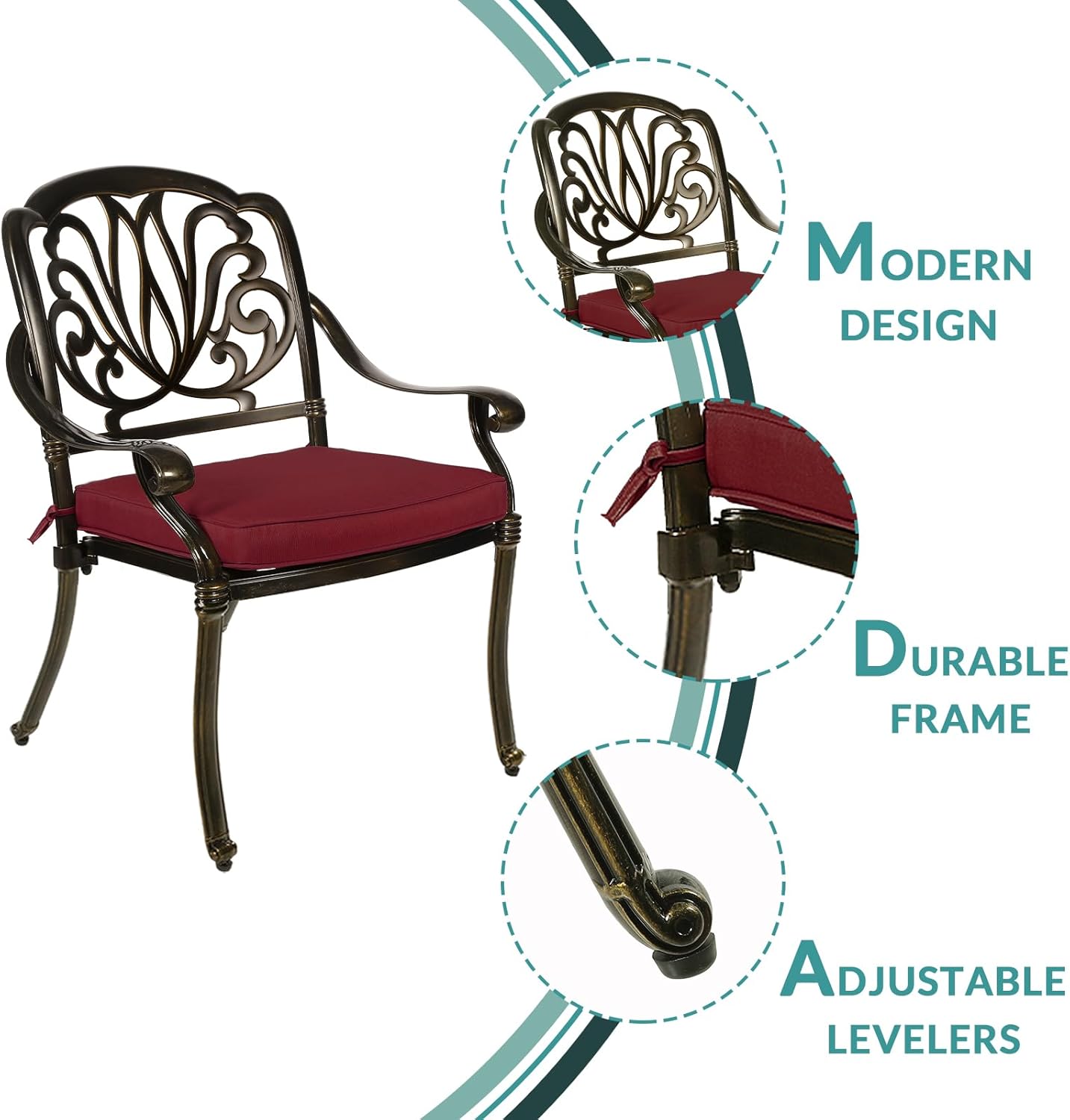 MEETWARM 3 Piece Patio Bistro Set, Outdoor All-Weather Cast Aluminum Dining Furniture Set Includes 2 Cushioned Chairs and a 35.4” Round Table with Umbrella Hole for Garden Deck, Chili Red