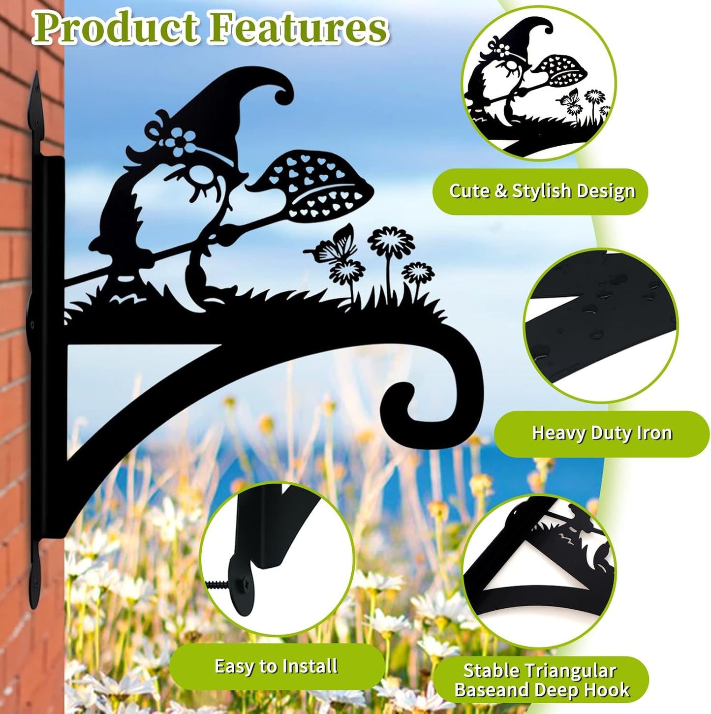 Plant Hangers Outdoor Heavy Duty Iron Decorative Gnome Silhouette Pot Hangers for Plants 11 inch Hanging Plant Bracket Wall Plant Hanger for Bird Feeder Flower Pot Lantern Wind Chimes