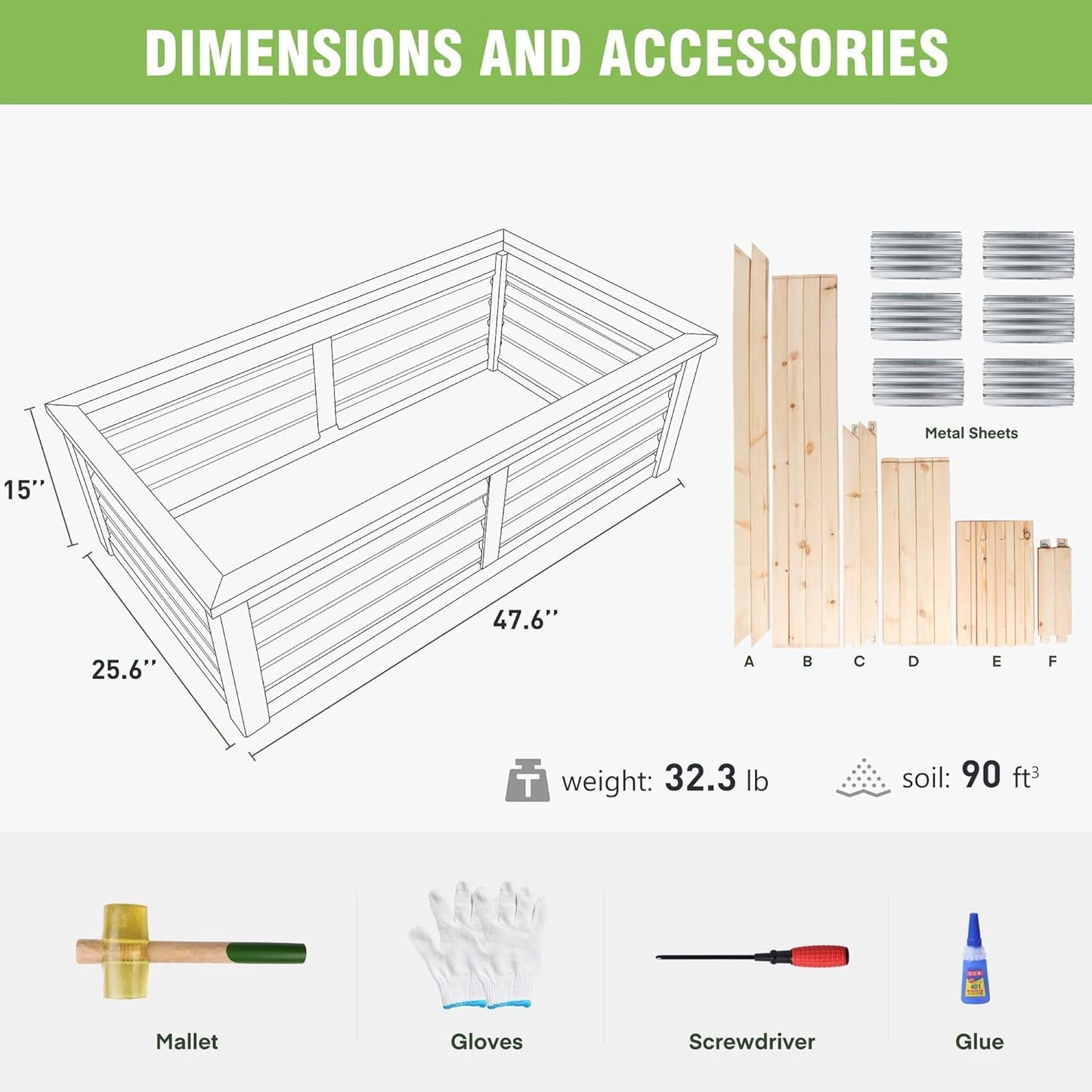 Wood Raised Garden Bed Outdoor Plant Box Planters for Outdoor 4X2X1.2 FT Plants with Galvanized Metal for Herbs Vegetables Flowers Great Patio Deck Balcony