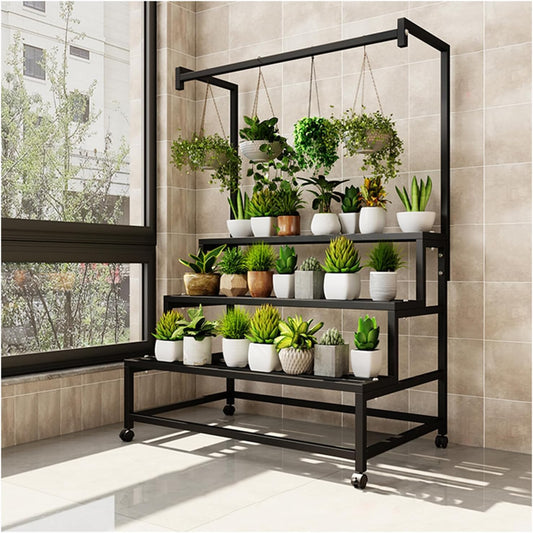39in Large Metal Plant Stand, 3 Tier with Hanging Tall Plant pot shelf (67in), with Rollers Heavy Duty Plant Holder, for Home/Garden/living room/balcony (BLACK, 39IN)