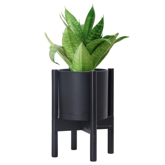 D'vine Dev Planter Pot with Stand - 8 Inch Plastic Cylinder Flower Pot with Wood Planter Holder for Indoor, Matte Black Pot + Ebony Stand, 55-C-K-2