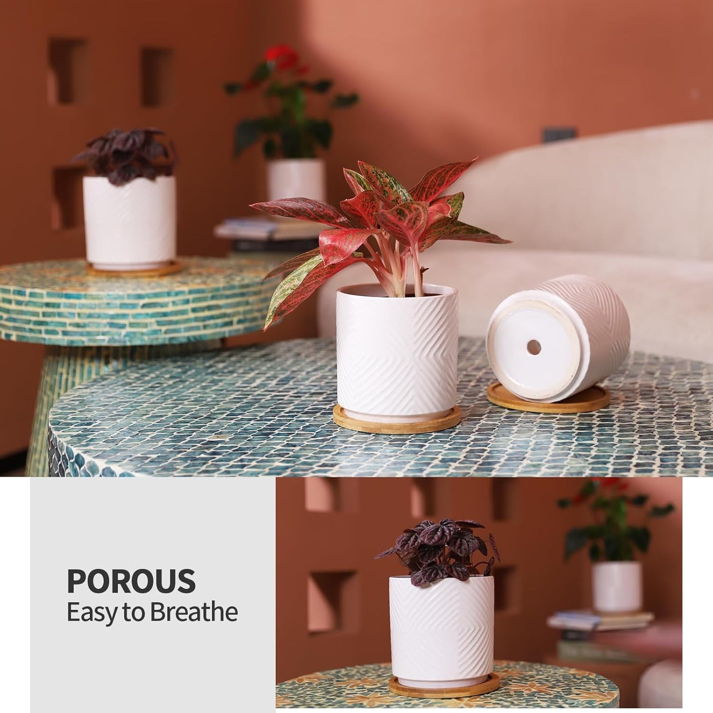 5.25 Inch Ceramic Planter Pot for Indoor Plants with Drainage Holes, Geometry Design White Flower Planter Pots with Bamboo Saucer, for Succulent, Snake Plants, Cactus & Herbs, Set of 4