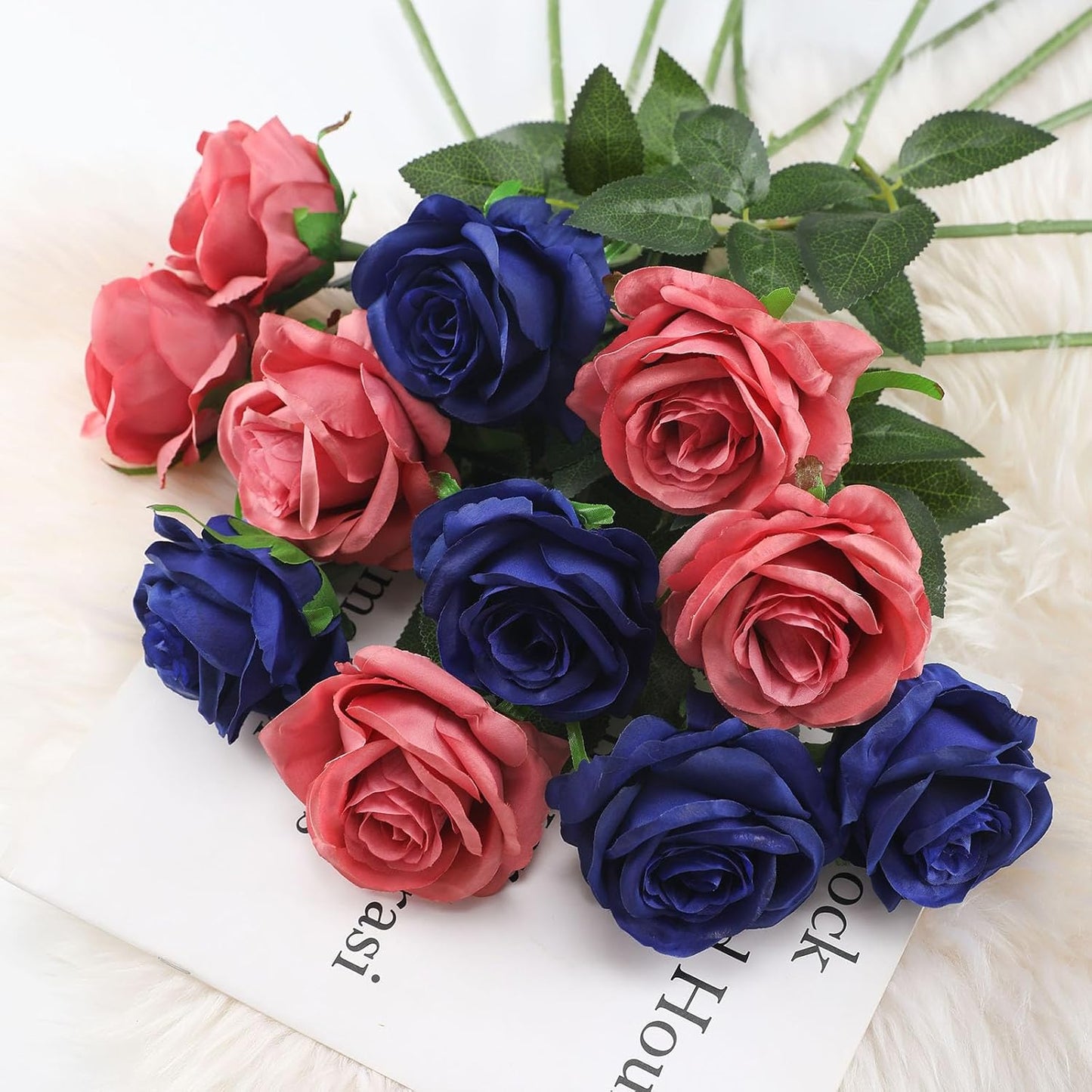 Blue Fake Roses Artificial Flowers - 10 Pcs Fake Artificial Roses Silk Flowers with Stems for Home Wedding Hotel Office Centerpiece Decor（Navy Blue）