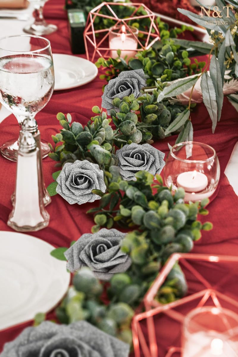 N&T NIETING Artificial Flowers Glowing Silver Flowers Foam 25pcs Glitter Roses Real Looking Fake Roses with Stem for DIY Wedding Bouquets Centerpieces Bridal Shower Party Home Decorations