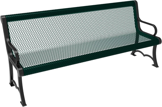 Coated Outdoor Furniture Heavy-Duty Outdoor Bench Thermoplastic Coated, Expanded Metal, Commercial-Grade Garden Bench, Made in America (Portable with Back, 6 Ft, Dark Green)