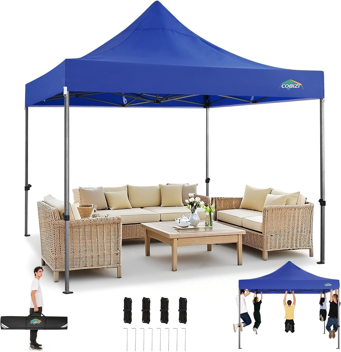 COBIZI 10x10 Pop up Canopy Heavy Duty Without Sidewalls, Easy Set-up Commercial Outdoor Party, 100% Waterproof Wedding Canopy Gazebo, 3 Height Adjustable with Handle Bag,Dark Blue