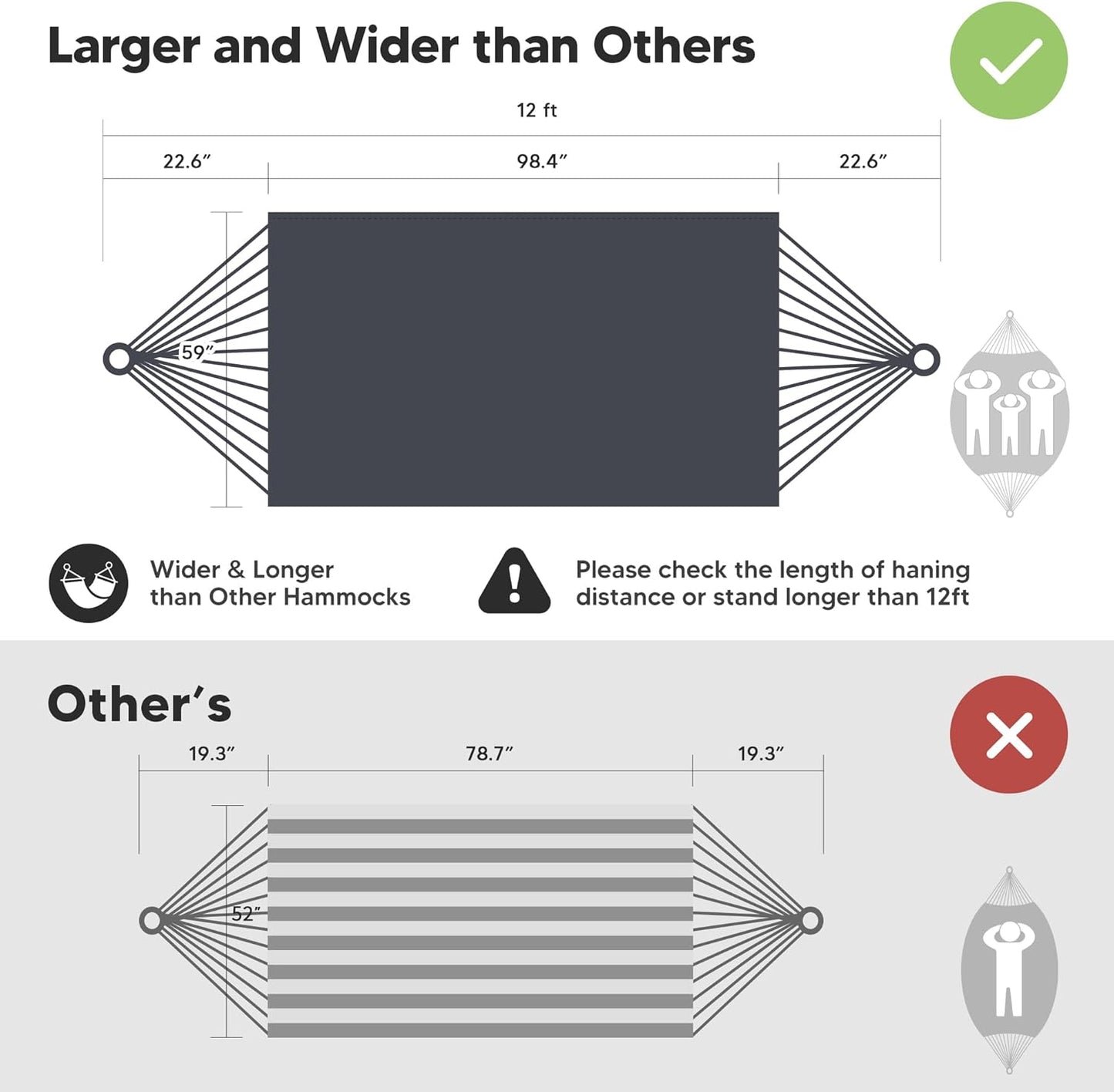 SUNCREAT Hammocks Outdoor Camping Double Hammock, Extra Large 2 Person Hammock for Camping, Dark Gray