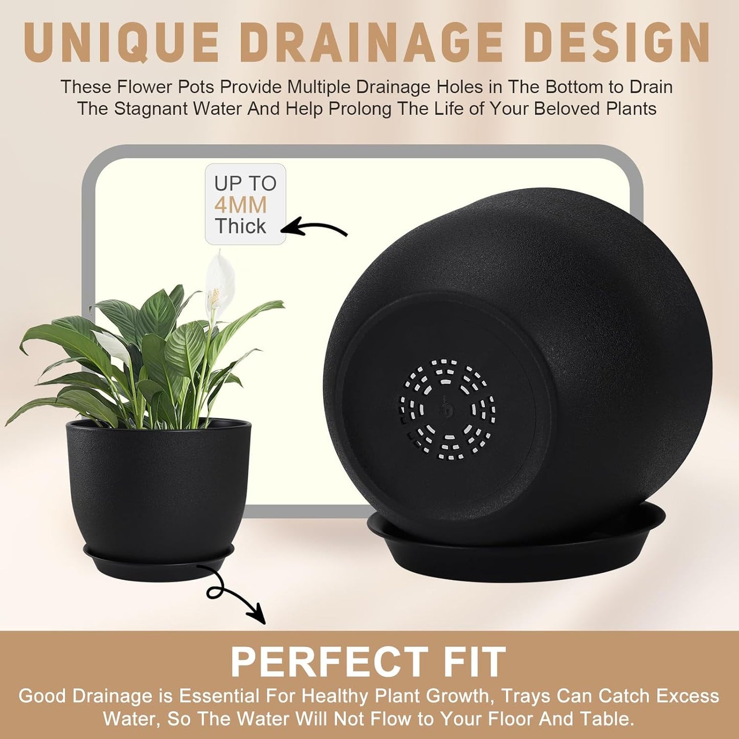 Plant Pots 10/9/8/7.5/7 inch Set of 5,Flower Pots with Multi Mesh Drainage Holes, Large Planters for Indoor Outdoor Garden Plants and Flowers. (Black)