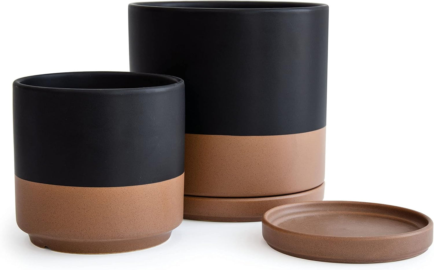 D'vine Dev 6 Inch & 8 Inch Ceramic Planter Pots for Plants with Drainage Hole and Saucer, Medium Plant Pots Set, Black/Speckled Tan, 94-G-M-7