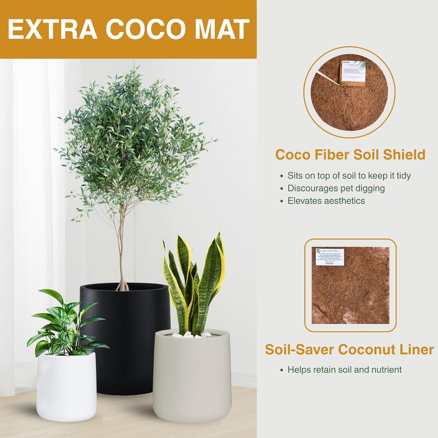 14" H x 13.7" D Conico Fiberstone Round Planter with Drainage Hole, Smooth Finishes, Weather Resistant for Indoor and Outdoor Use, Included 2 Extra Coco Mats (Black, 10.6" Pot Opening)
