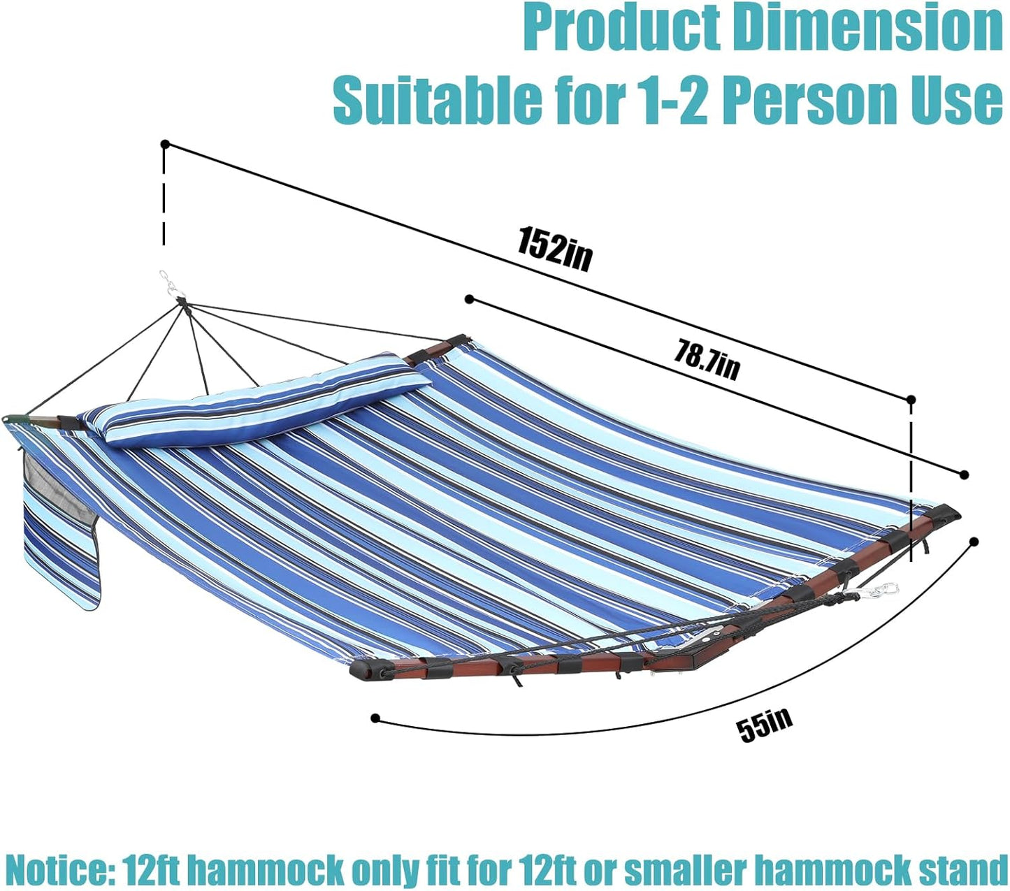 TegerDeger 12FT 2 Person Hammock Large Hammock 450LB Capacity with V Shaped Hardwood Spreader Bar & Nylon Rope for Outside, Patio, Garden, Backyard, Beach, Poolside - Blue Stripes