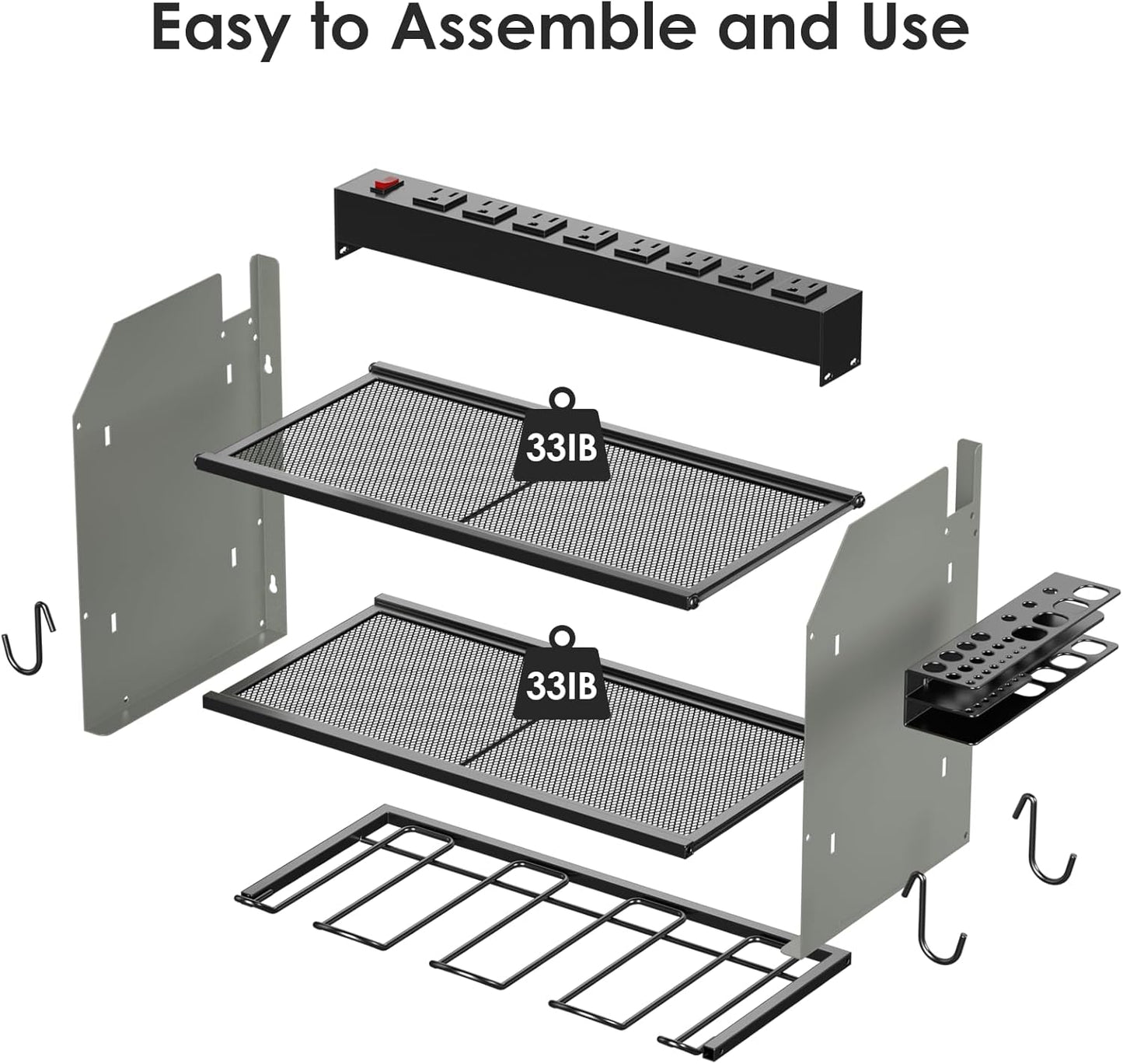 CCCEI Set Power Tool Organizer Wall Mount with Charging Station. Garage 4 Drill Storage Shelf with Hooks, Heavy Duty Metal Tool Battery Charger Organizer. Shop Utility Rack with Power Strip Grey.