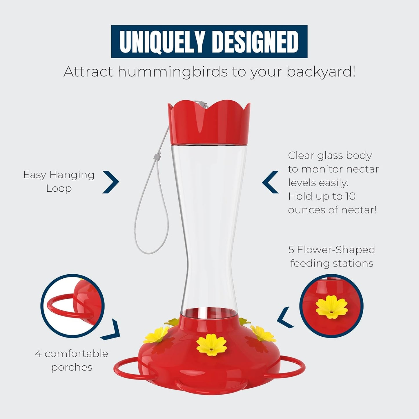 MEKKAPRO Two-Pack Hummingbird Feeders for Outdoors Hanging Made from Glass, 10oz, Hanging 5 Nectar Feeding Stations, Top Fill Hummingbird Feeder, Bright Red, Backyard Feeder (10 Ounce - 2 Pack)