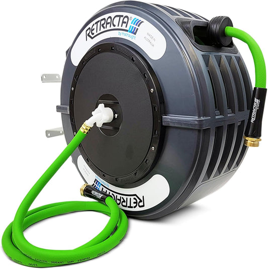 Macnaught Retractable Garden Hose Reel, 82 Ft Water Hose Reel Heavy Duty Retractable Hose with Metal 180° Swivel Rotation Bracket for Wall Mount - Gray