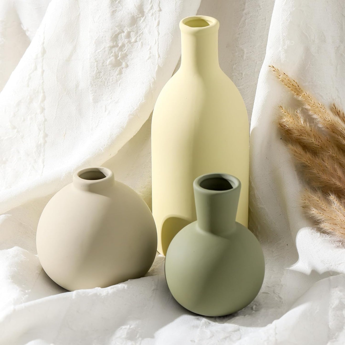 Vase Set of 3, Ceramic Vases Home Decor Flower Decorative Table Decor Vase Pottery Neutral Vases for Tray Table Mantel Living Room Kitchen Bedroom Bathroom Entryway -Light Color