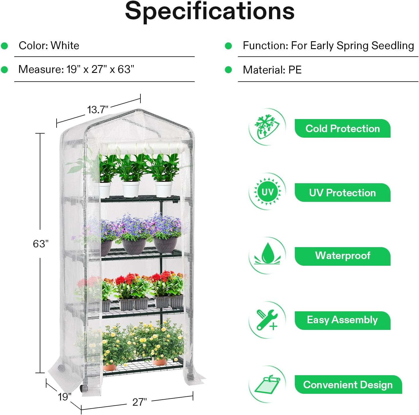VIVOSUN Mini 4-Tier Greenhouse with Wheels, 27 x 19 x 63-Inch Reusable Portable Warm House with White PE Cover and Shelf for Compact Garden and Small Backyards, with Wheels
