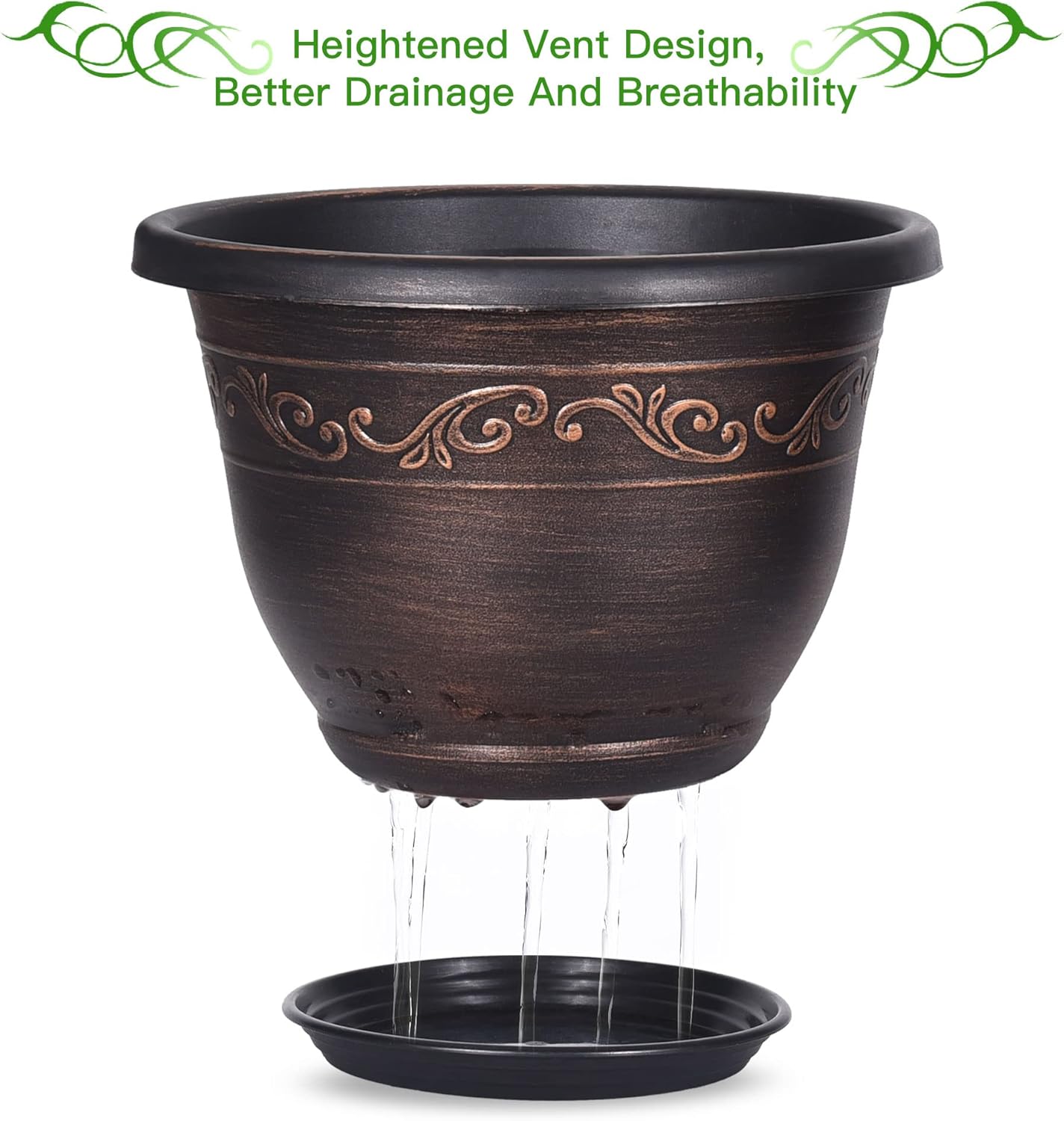 Plastic-Plant-Flower-Planters-12 Inch with Drainage Hole & Saucer, 3 Packs Lightweight Small Resin Flower Pot Indoor Outdoor, Retro Antique Imitation Decorative Garden Containers Sets for Houseplants