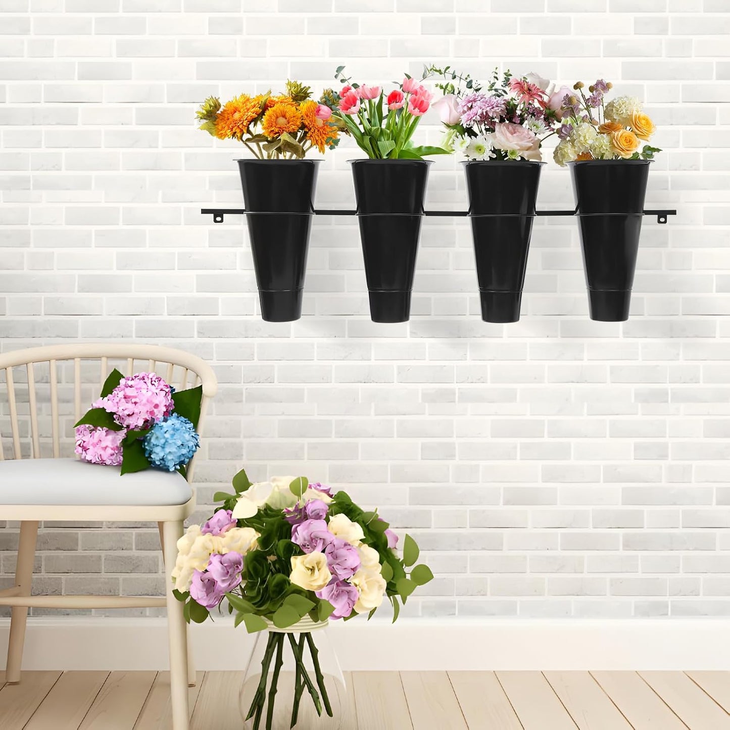 Wall Mounted Plant Holder with 4 Buckets,Metal Flower Pot Wall Hanging Shelf Black Indoor Outdoor Decorative Floating Shelves Planter Hanger Racks for Wall Bedroom Living Room Porch