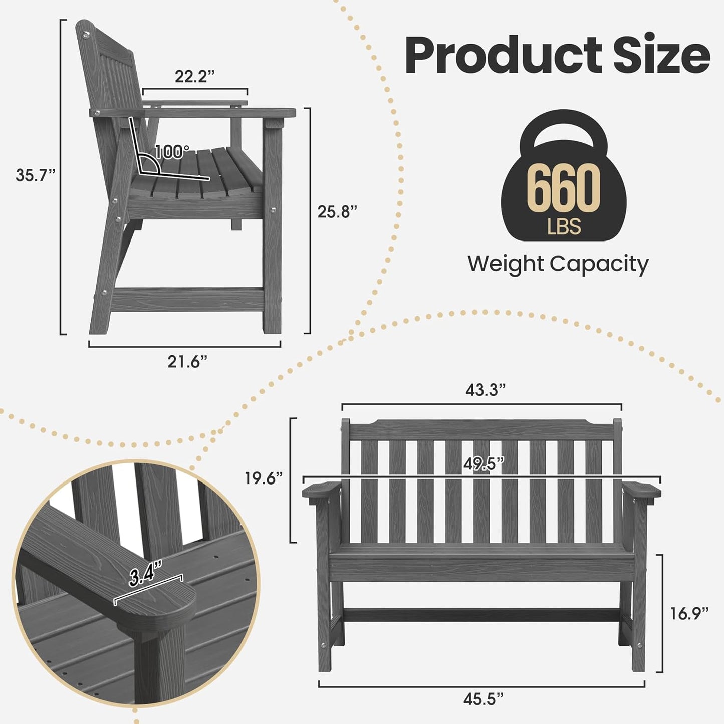 Ciokea 46" Heavy Duty Outdoor Bench Set of 2, HDPE Weatherproof Garden Bench, 2-Person Memorial Benches with 660 Lbs, Waterproof Patio Porch Benches for Outside Business Office Backyard, Dark Grey