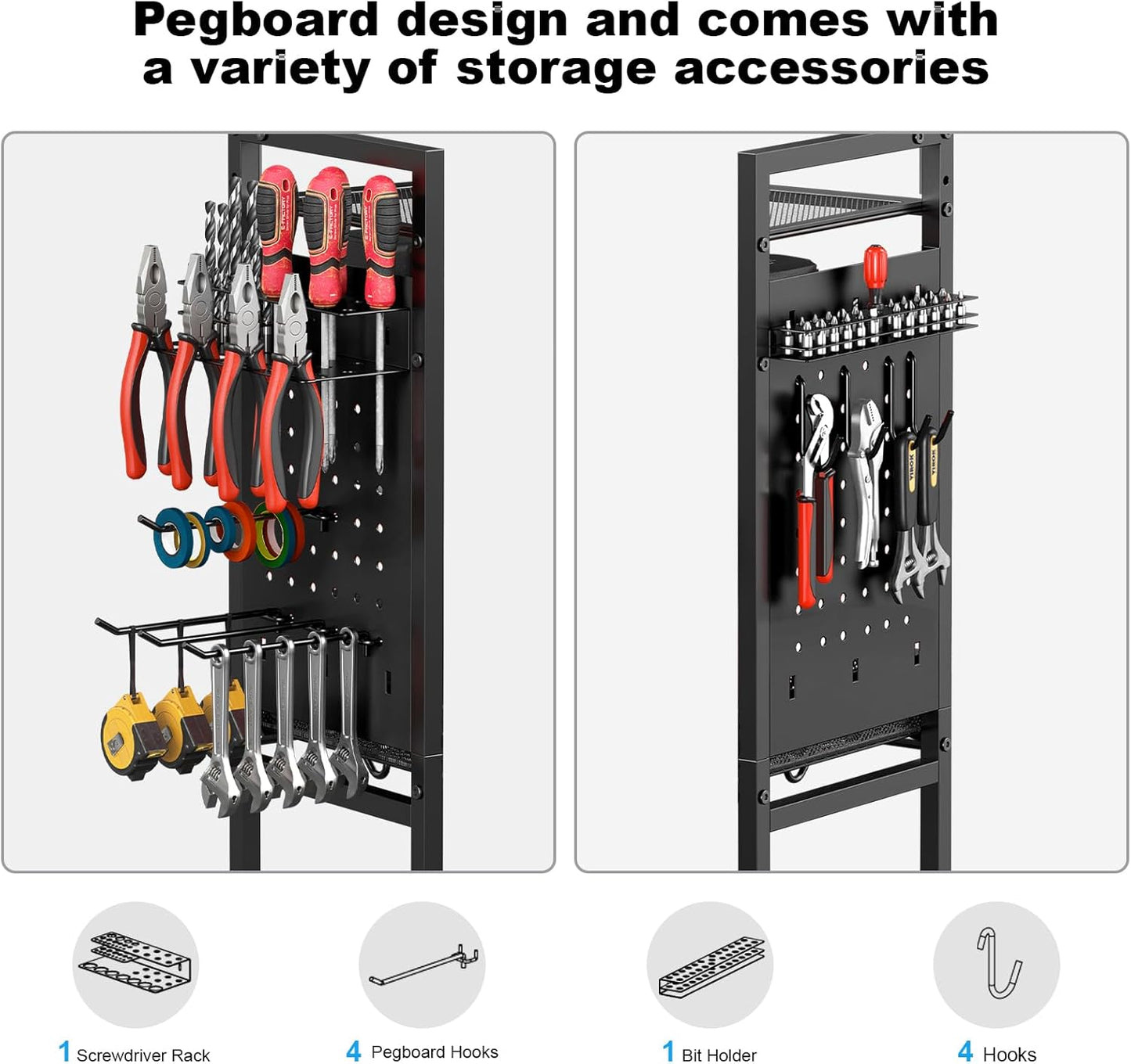 CCCEI Garage Power Tools Organizer Cart with Charging Station, Black Floor Standing Rolling Drill and Tools Battery Storage Cart on Wheels. Utility Rack Gift for Men, Husband, Father.
