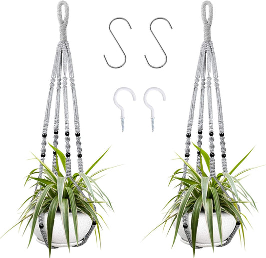 Augshy 2 Packs Macrame Hanging Planter, Indoor Hanging Planter Basket with Wood Beads Decorative Macrame Pot Hanger for Home Decor (Grey)