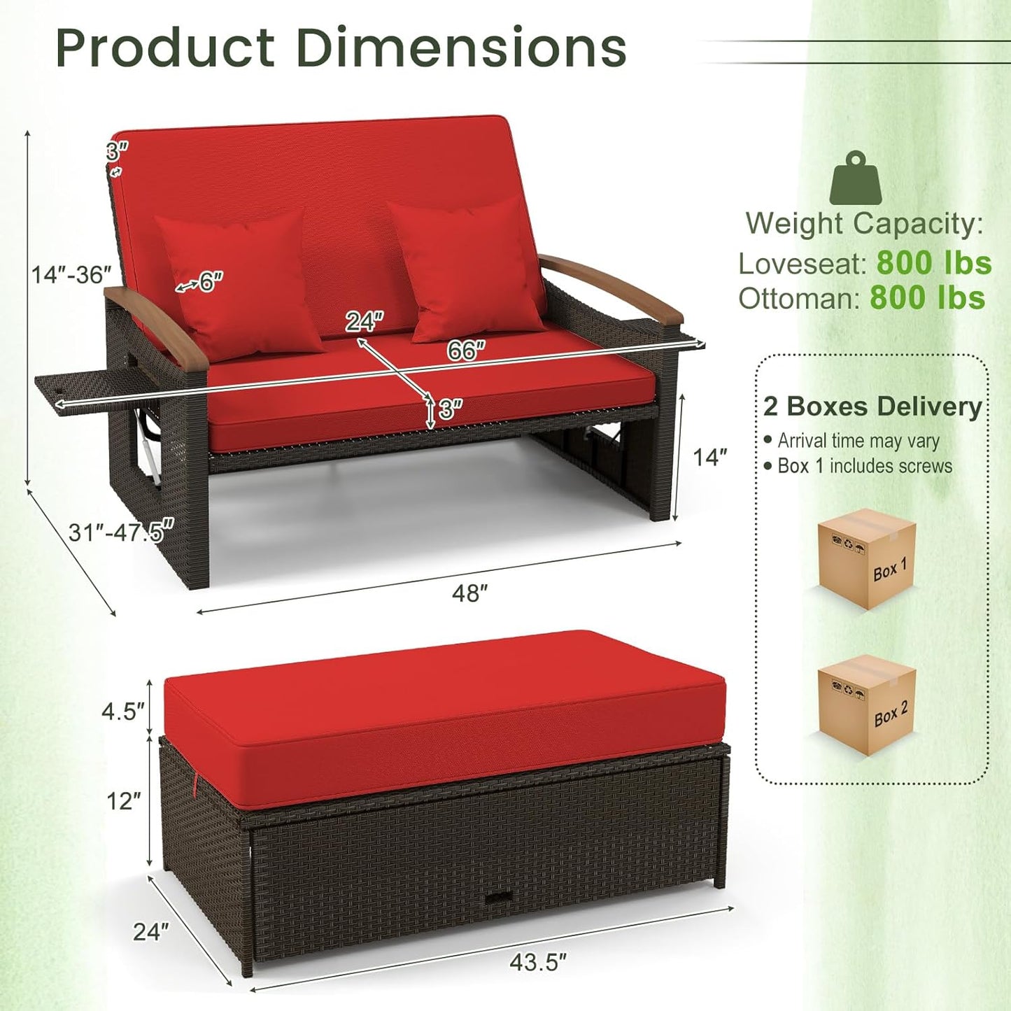 Tangkula Patio Rattan Daybed Set with Cushioned Loveseat and Storage Ottoman, Outdoor Double Chaise Lounger with 4-Level Adjustable Backrest and Retractable Side Trays for Backyard (Red)