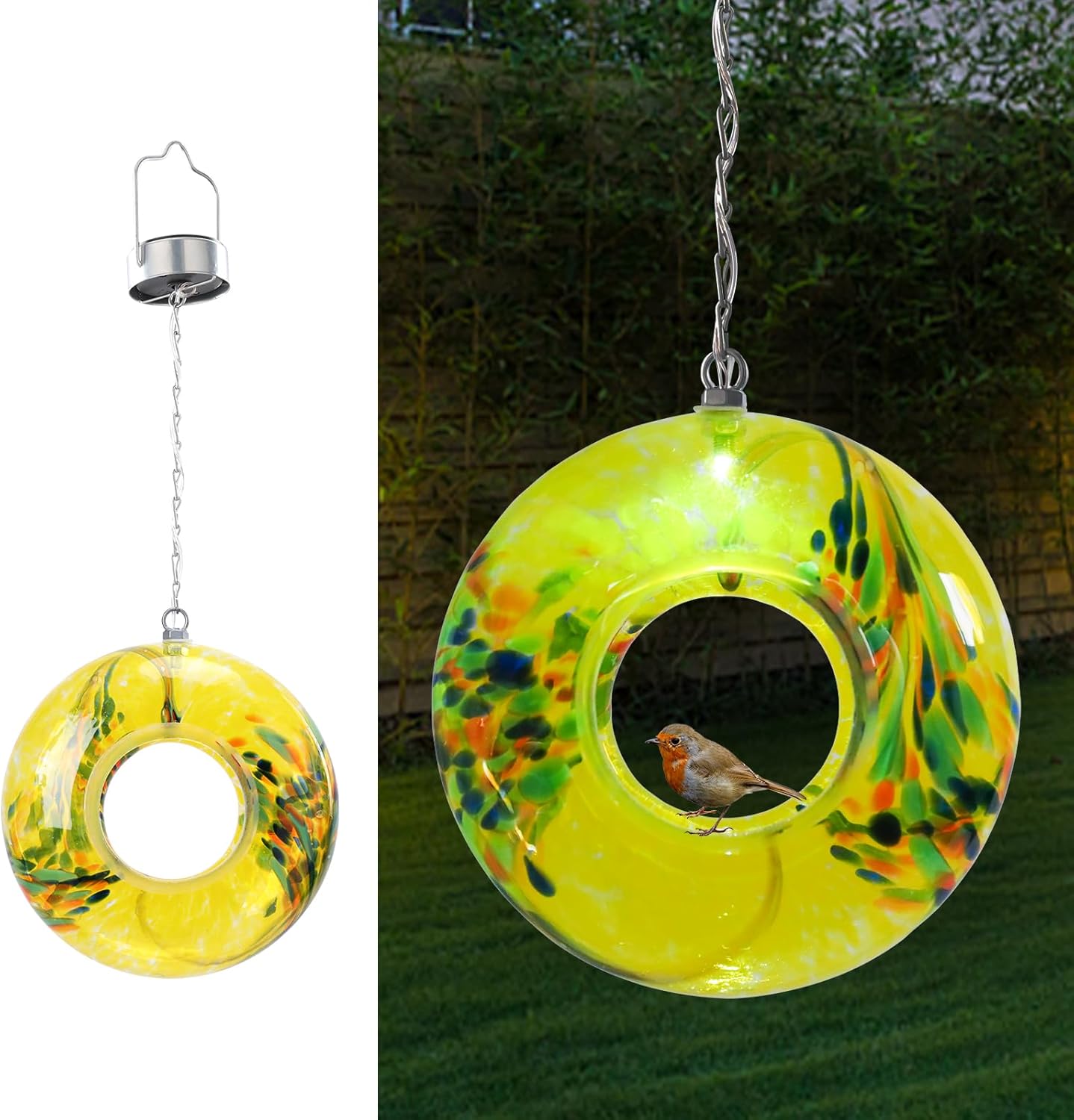 VCUTEKA Bird Feeder Solar Fly Through Bird Feeders for Outside Hanging with Round Shape Glass Container to Attract Wild Birds for Garden Decor, Yellow 8"