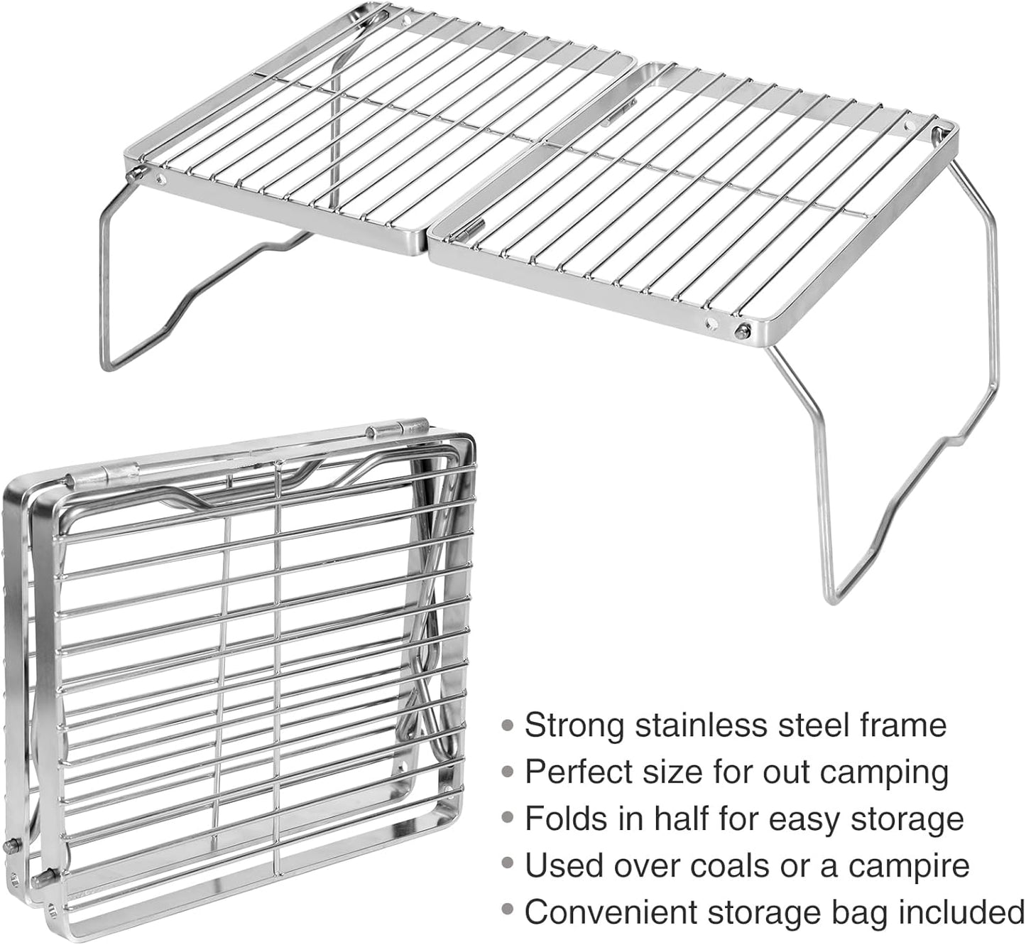 REDCAMP Folding Campfire Grill 304 Stainless Steel Grate, Adjustable Height Portable Camping Grill with Carrying Bag for Outdoor Cooking BBQ