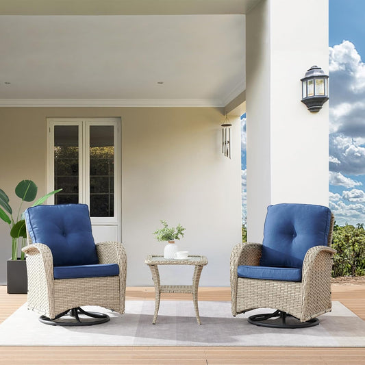 HUMMUH Swivel Patio Chair 3 Piece PE Wicker Patio Furniture Set with Rocking Chairs and Side Table Outdoor Bistro Set for Porch,Garden,Deck,Poolside