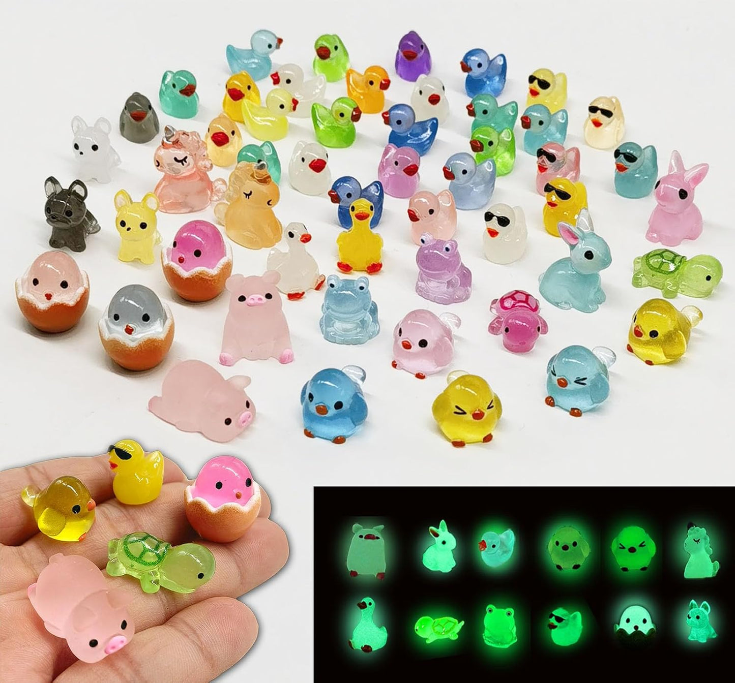 50 Pcs Luminous Mini Resin Animals, Glow in The Dark Tiny Ducks, Frogs, Birds, Cute Dollhouse Miniatures for Crafts, Fairy Garden and Home Décor
