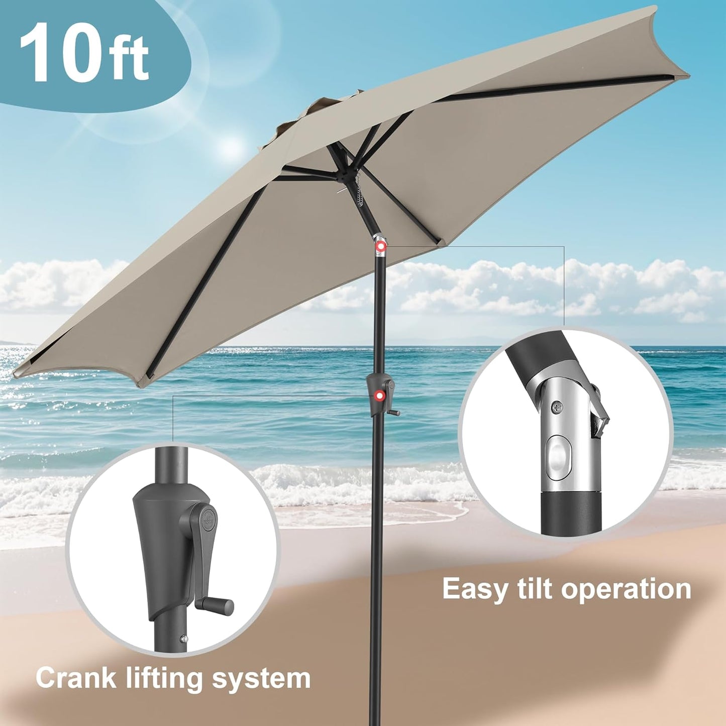 FLAME&SHADE 10ft Patio Umbrella - Outdoor Umbrella with 6 Sturdy Ribs, Push Button Tilt and Crank, UV Protection Table Market Umbrella for Pool, Porch，Garden, Deck, Backyard (Taupe)
